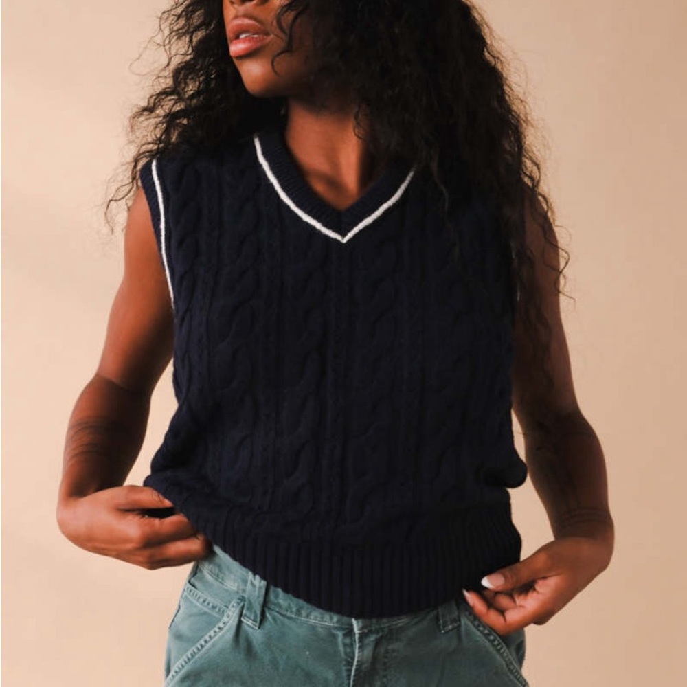 Dunst wool cable knit sweater vest, S, Navy